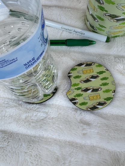 St. Patrick's Day Car Coasters | Beer Mug Four Leaf Clover Design | Set of 2
