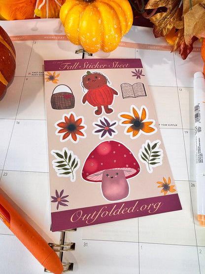 Fall Cute Characters Sticker Sheet, 4x6 Sheet with 9 Stickers