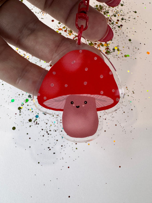 Kawaii Cute Mushroom Character, Acrylic Keychain with Red D-Ring Clasp, Double Sided, Original Artwork Keychain