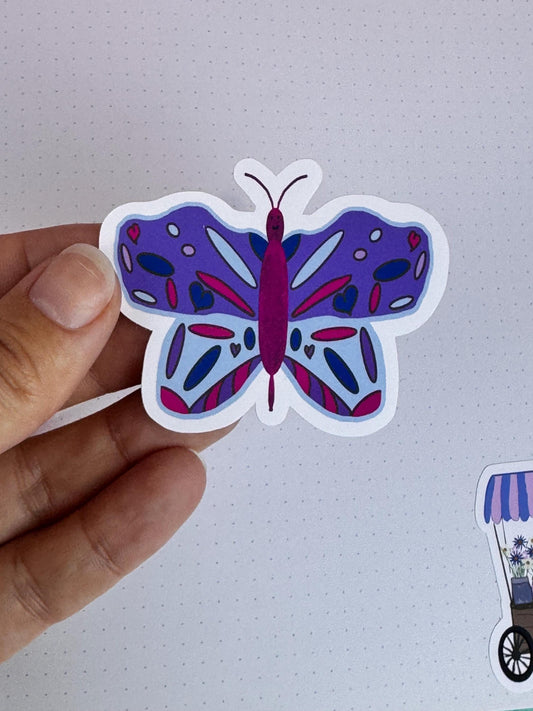 Butterfly Sticker, Hand Drawn Bug Stickers, Die Cut Vinyl Water Bottle Sticker, Matte Purple Butterfly, Water Resistant