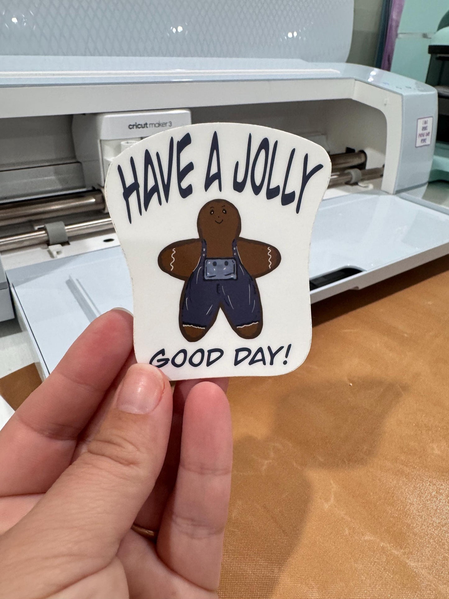 Christmas Gingerbread Sticker- Cute hand drawn holiday vinyl decal / Waterproof "Have a Jolly Good Day" sticker for laptops, water bottles, and gifts