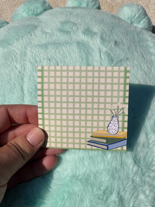 Book Lover Sticky Notes, Green and Yellow Plaid Gingham Style Sticky Notepad, 3x3 Inch