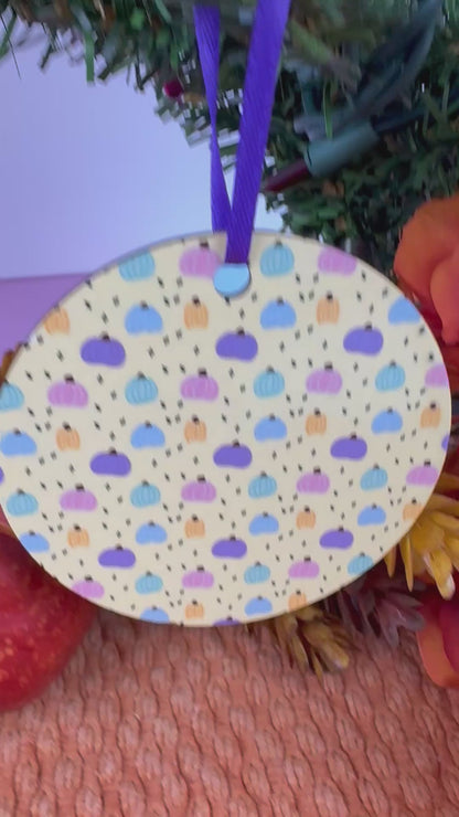 Pastel Pumpkin Ornament- Hand Drawn Fall MDF Ornament with Purple Ribbon, Warm Yellow Autumn Decor, Sublimated 2.75" Pumpkin Gift